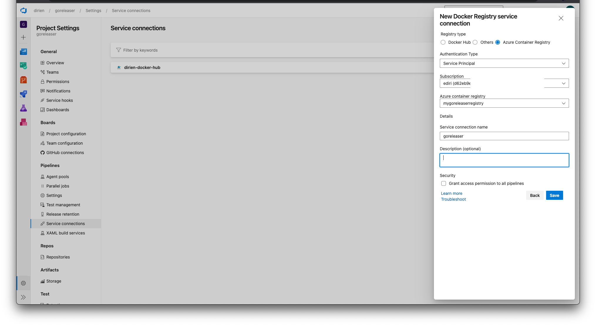 Select Azure Container Registry and connect your Azure subscription to it