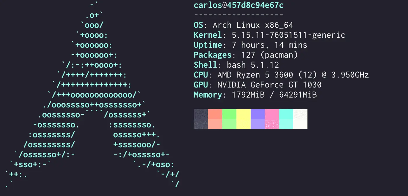 neofetch in an arch linux container